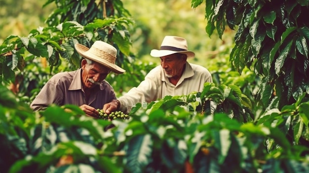 Obraz przedstawia radosnych rolników zbierających ziarna kawy arabica z drzewa kawowego GENERATE AI