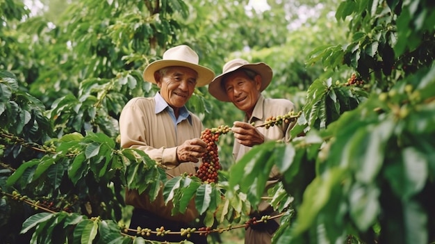 Obraz przedstawia radosnych rolników zbierających ziarna kawy arabica z drzewa kawowego GENERATE AI