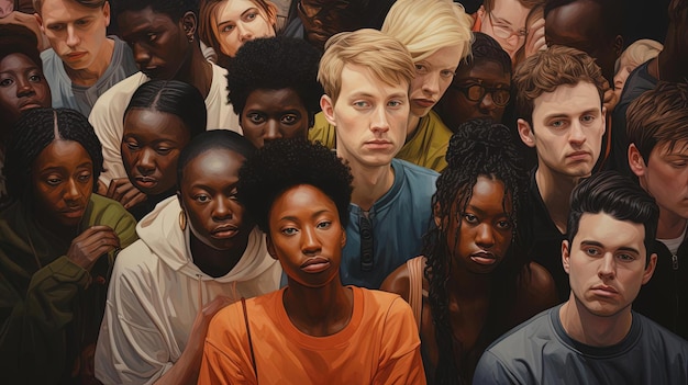 Zdjęcie obraz przedstawia zatłoczoną grupę ludzi w stylu zróżnicowanej palety kolorów