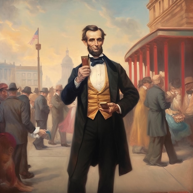 Obraz przedstawiający Abrahama Lincolna trzymającego kartę przed tłumem.