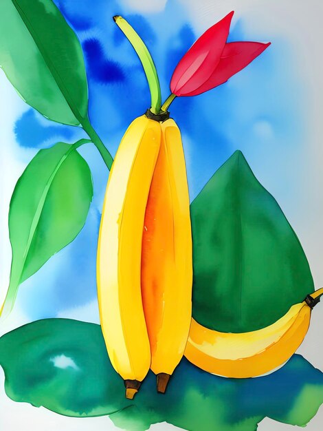 Obraz przedstawiający banany i banana z zielonymi liśćmi