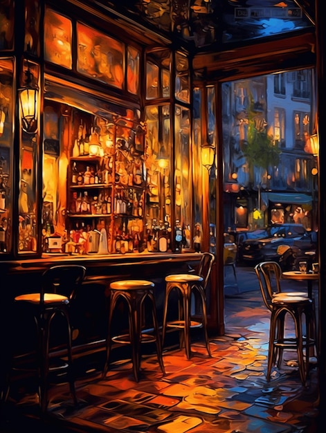 Obraz przedstawiający bar z barem w tle.
