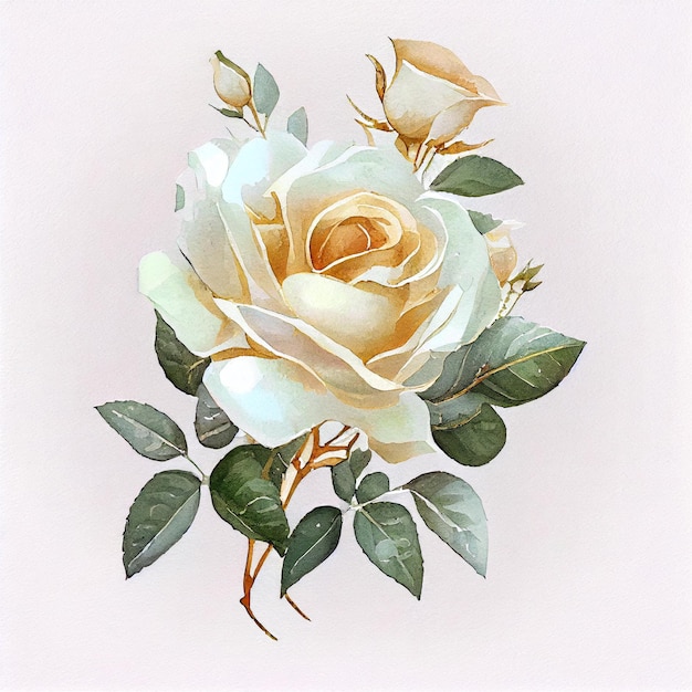 Obraz przedstawiający białą różę z zielonymi liśćmi i białą różę.