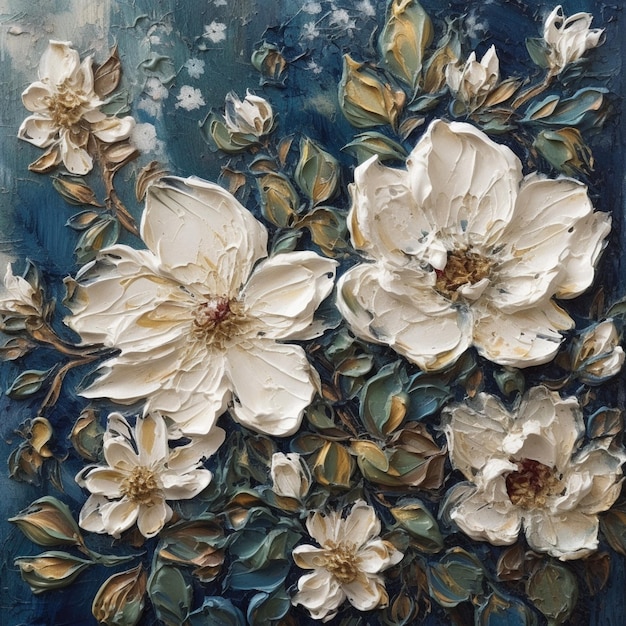 Obraz przedstawiający białe kwiaty na niebieskim tle.