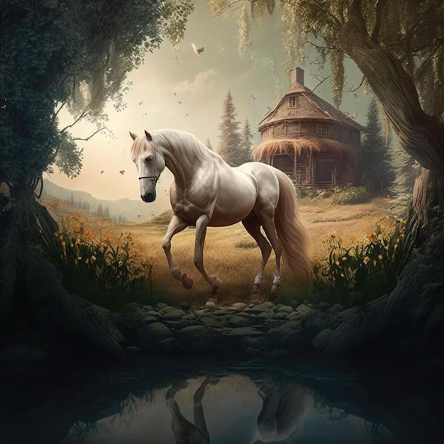 Obraz przedstawiający białego konia z domem w tle.