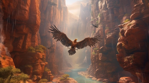 Obraz przedstawiający bielika lecącego przez kanion.