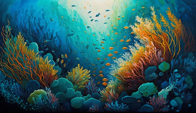 Obraz przedstawiający błękitny ocean z ławicą ryb.