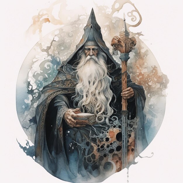 Obraz przedstawiający brodatego czarodzieja trzymającego laskę.