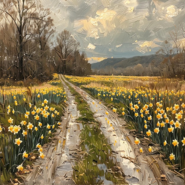 Obraz przedstawiający brudną drogę przecinającą pole żywych żółtych kwiatów.