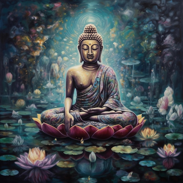 Obraz przedstawiający Buddę siedzącego w stawie z liliami wodnymi i kwiatami.