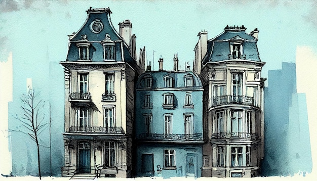Obraz przedstawiający budynki z niebieskimi dachami i jeden z napisem „Paryż”.