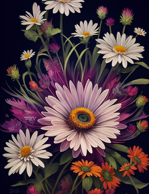 Obraz przedstawiający bukiet kwiatów ze słowem stokrotka.
