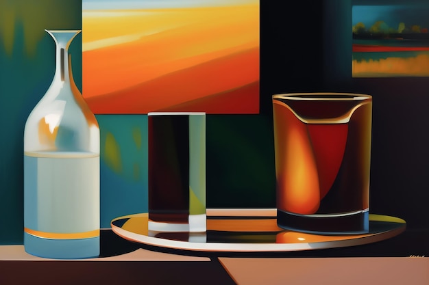 Obraz przedstawiający butelkę i szklanki na stole