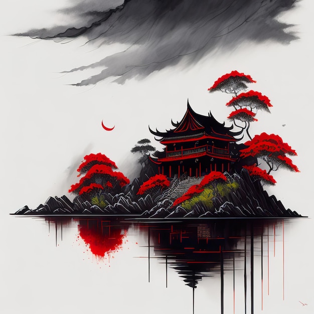 Obraz przedstawiający chińską świątynię z pochmurnym niebem nad nią.