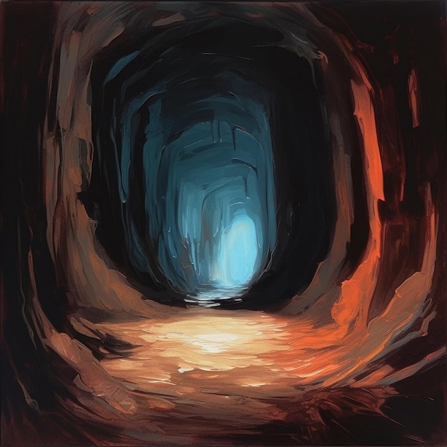obraz przedstawiający ciemny tunel, przez który prześwieca niebieskie światło.