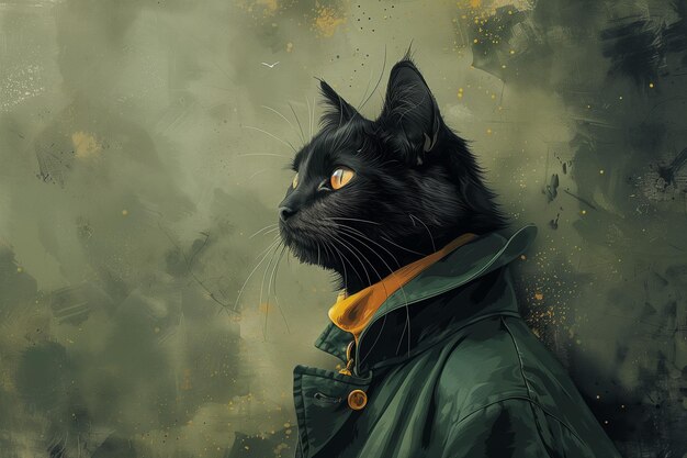 Obraz przedstawiający czarnego kota w zielonym płaszczu na zielonym tle akwarelu