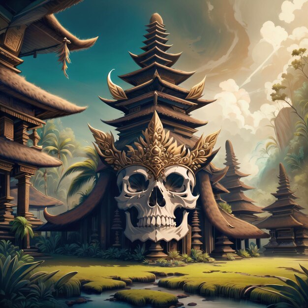 Obraz przedstawiający czaszkę i małą świątynię z palmą w tle.