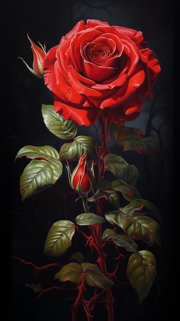 Obraz przedstawiający czerwoną różę z zielonymi liśćmi.