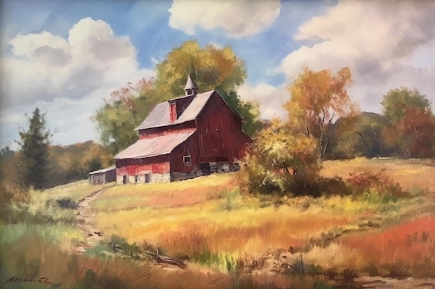 Obraz przedstawiający czerwoną stodołę na polu