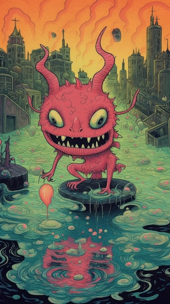 Obraz przedstawiający czerwonego potwora z zielonymi i żółtymi oczami.