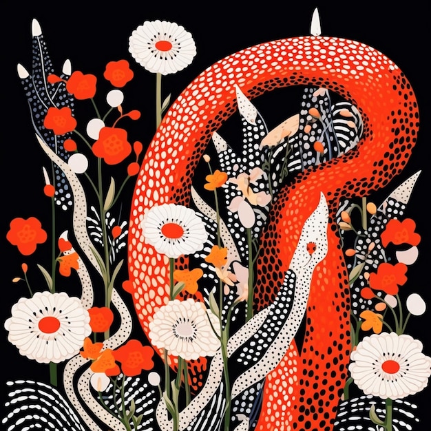 obraz przedstawiający czerwonego węża z białymi kwiatami i czerwonym ogonem.