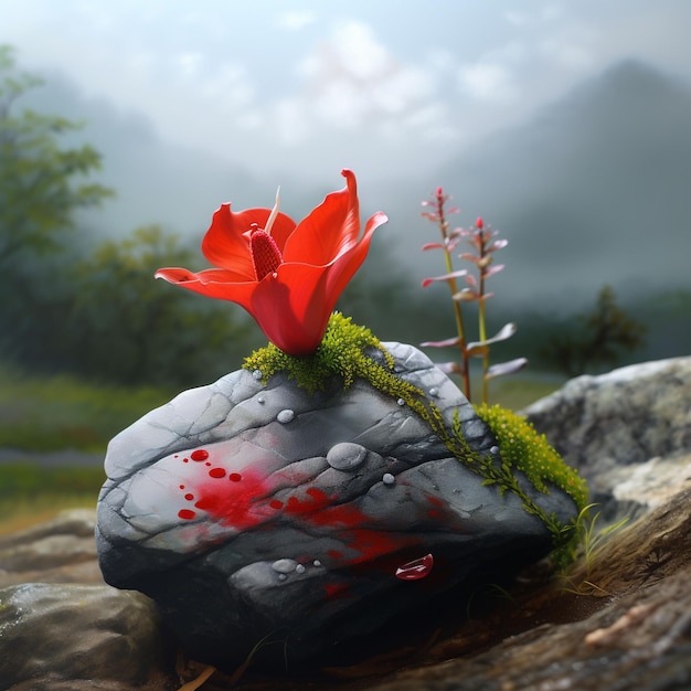 Obraz przedstawiający czerwony kwiat na skale z zieloną rośliną.
