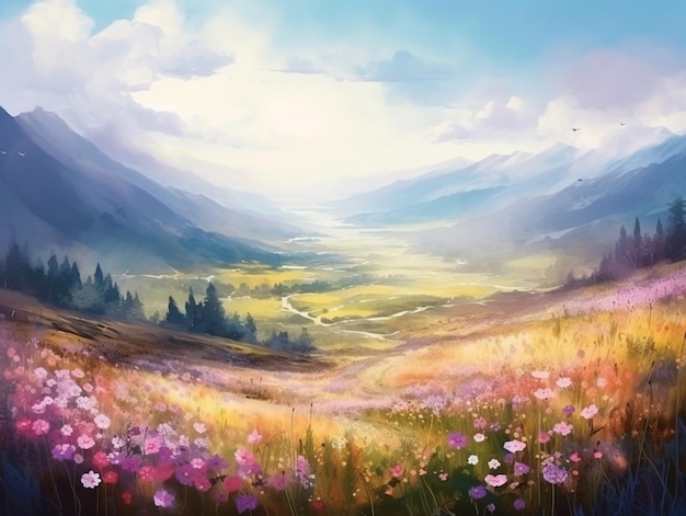 Obraz przedstawiający dolinę z kwiatami i górami w tle