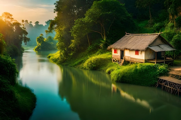obraz przedstawiający dom nad rzeką
