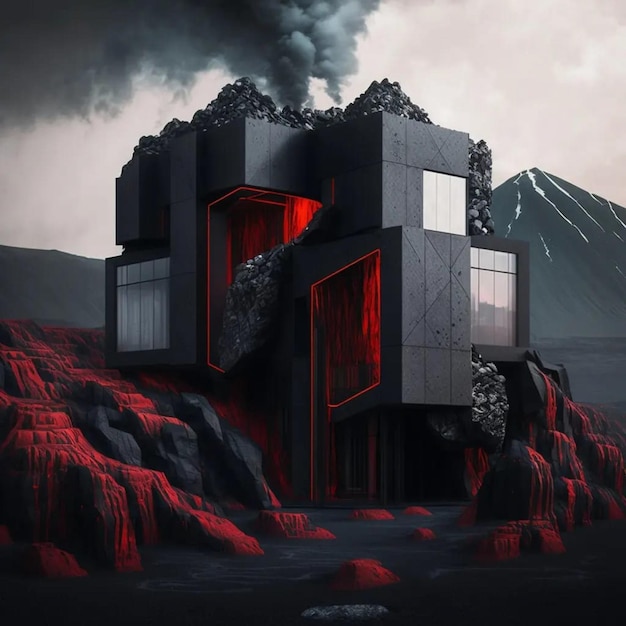 Obraz przedstawiający dom z czerwonymi światłami i wulkanem w tle.