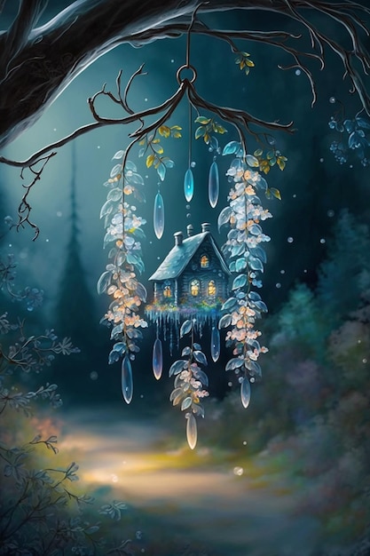Obraz przedstawiający dom z kryształami zwisającymi z gałęzi drzewa.