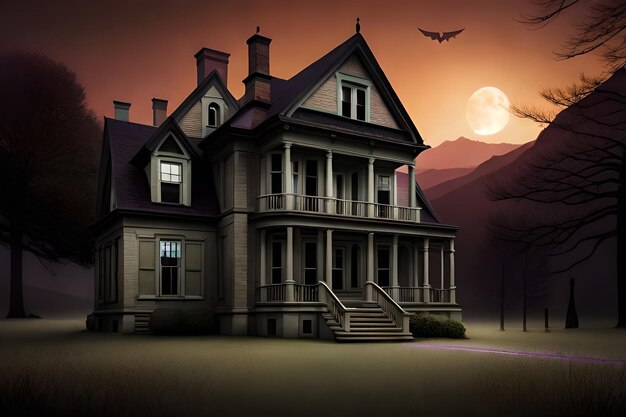 Obraz przedstawiający dom z księżycem w tle