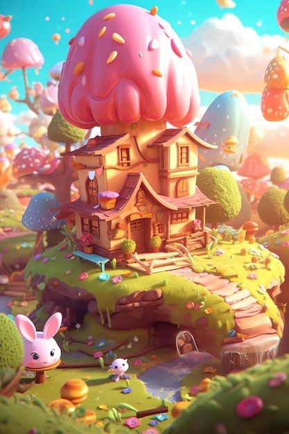 Obraz przedstawiający dom z różowym domkiem na szczycie