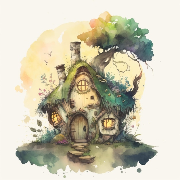 Obraz przedstawiający dom z zielonym dachem i drzewem w tle.