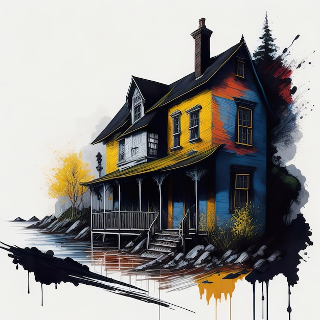 Obraz przedstawiający dom z żółto-niebieskim domkiem z przodu.