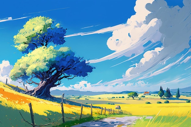 Obraz przedstawiający drogę na polu z drzewem i chmurami