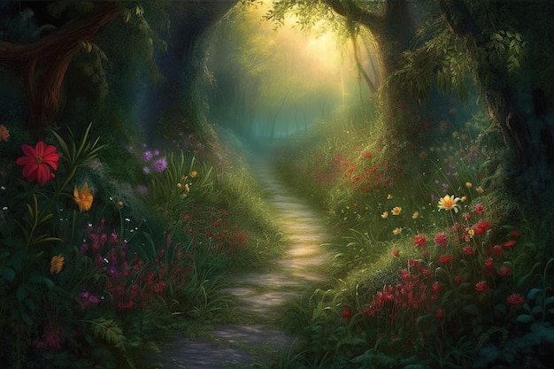 obraz przedstawiający drogę wijącą się przez las