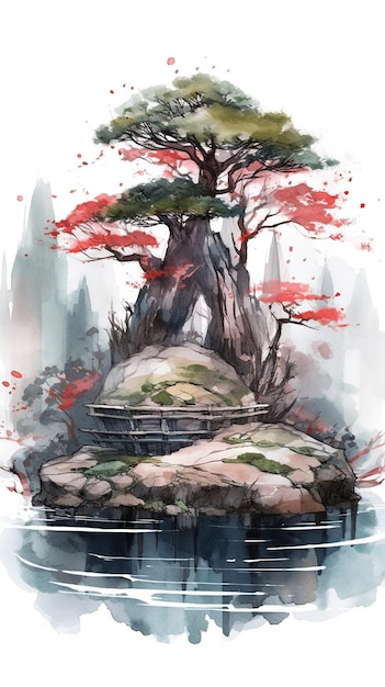 Obraz przedstawiający drzewo na skale w wodzie
