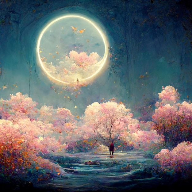 Obraz przedstawiający drzewo z księżycem w tle