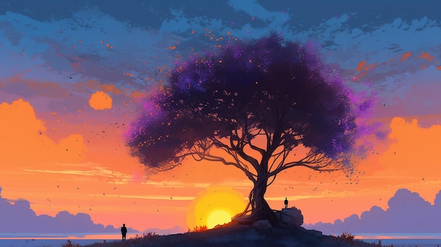 Obraz przedstawiający drzewo z zachodem słońca w tle