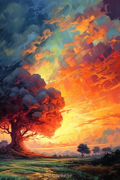 Obraz przedstawiający drzewo z zachodzącym za nim słońcem