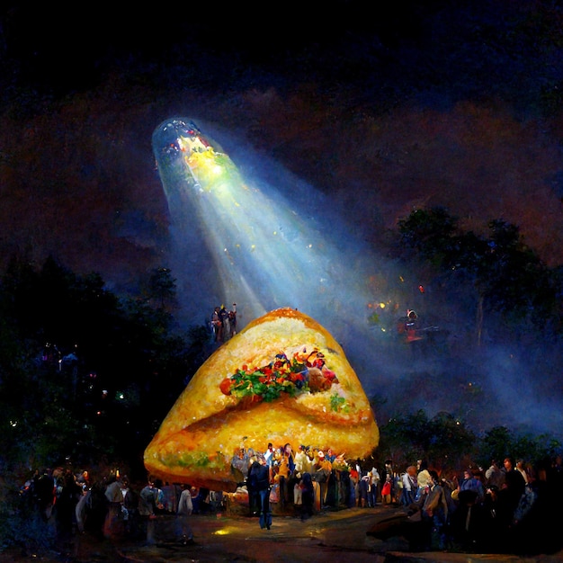 Obraz przedstawiający dużą kanapkę z promieniem światła nad nią.