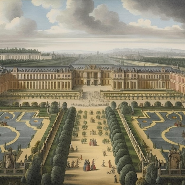 Obraz przedstawiający duży pałac z fontanną pośrodku.