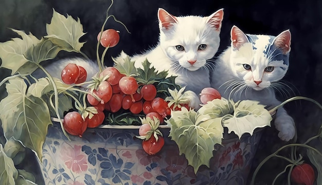 Obraz przedstawiający dwa koty w misce z jagodami