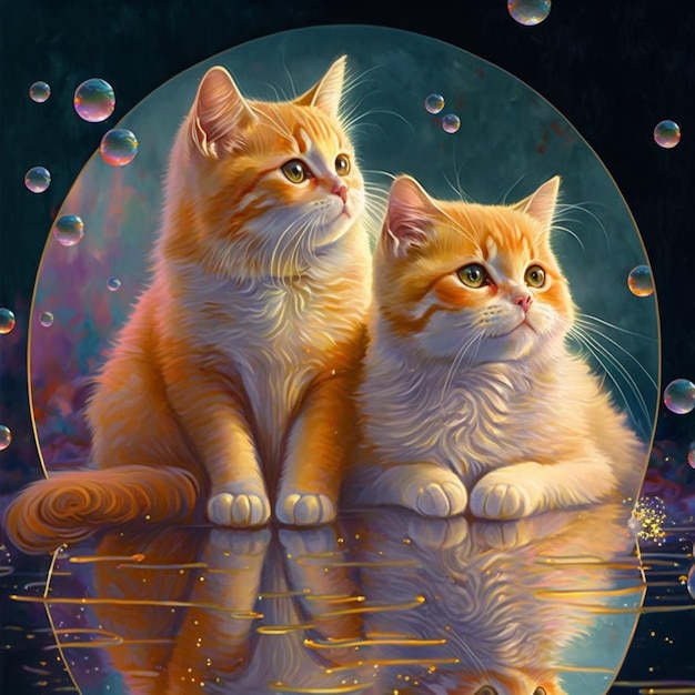 Obraz przedstawiający dwa koty z bańką w tle