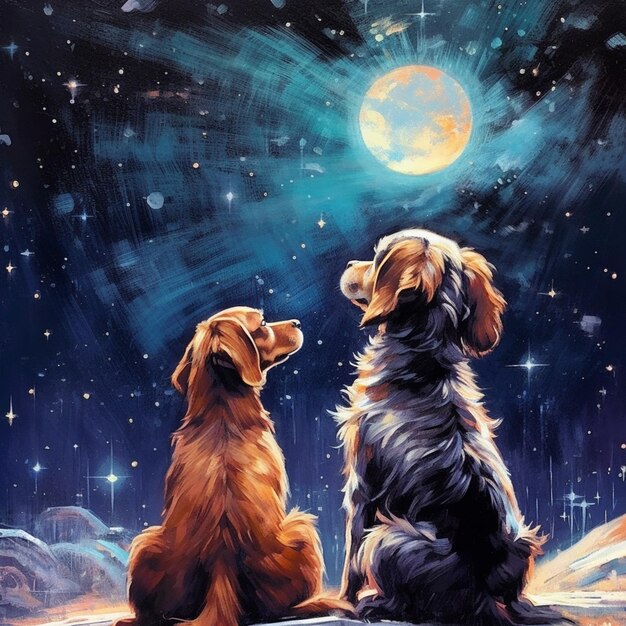 obraz przedstawiający dwa psy siedzące na skale i patrzące na księżyc generatywnej ai
