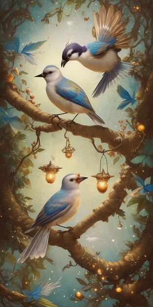 Obraz przedstawiający dwa ptaki na drzewie ze światłem w tle.