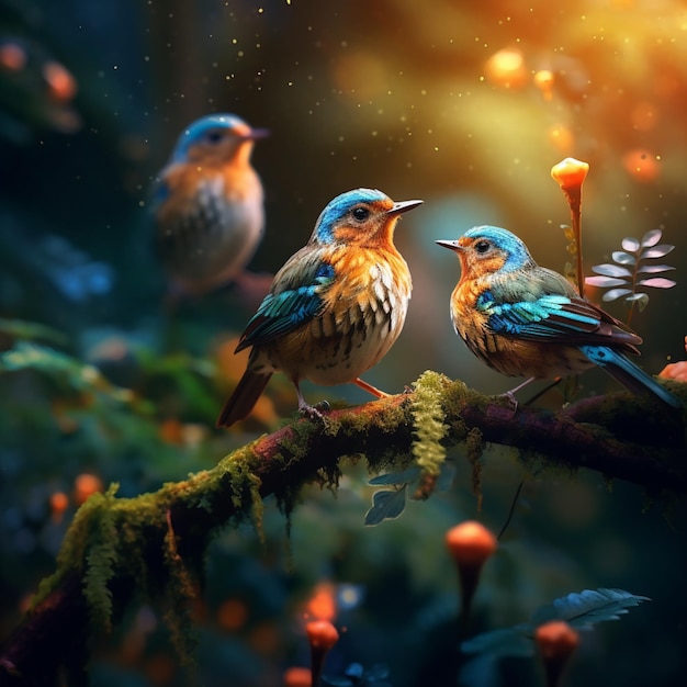 Obraz przedstawiający dwa ptaki na gałęzi ze światłem w tle.