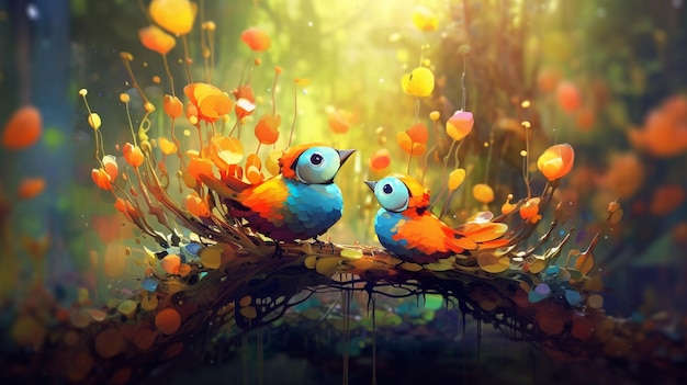 Obraz przedstawiający dwa ptaki w lesie