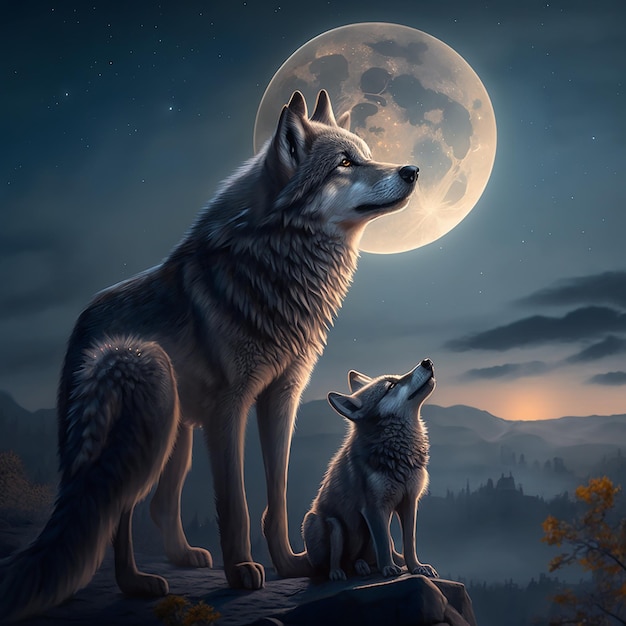 Obraz przedstawiający dwa wilki na tle księżyca.
