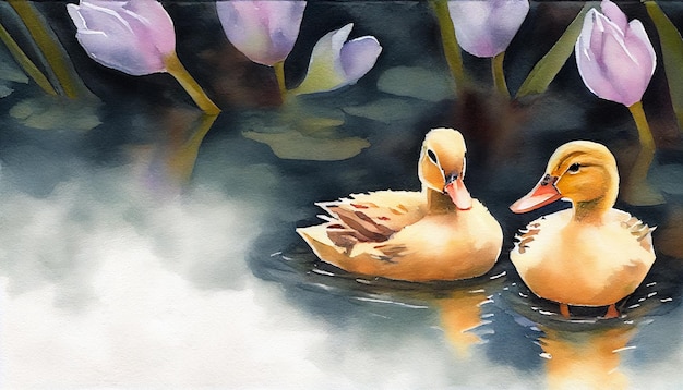 Obraz przedstawiający dwie kaczki na stawie z fioletowymi kwiatami.